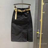 Fruit Green Denim Skirt Women's Summer 2023 New Slimming High Waist A- Line Split Midi Skirts Fashion All-Match Stretch Faldas
