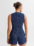 Denim 2 Pieces Sets Women Fashion Slim O-neck Sleeveless Single Breasted Vest Wide Leg Shorts 2024 Summer Y2K Lady Outfit
