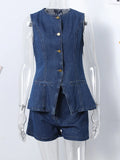 Denim 2 Pieces Sets Women Fashion Slim O-neck Sleeveless Single Breasted Vest Wide Leg Shorts 2024 Summer Y2K Lady Outfit