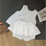 Girls Outfit Sets Summer Kids Clothes Girls Lace Edge Pure White Baby Girl Clothes Casual Sleeveless T-Shirt+Shorts Children's