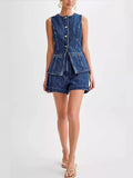 Denim 2 Pieces Sets Women Fashion Slim O-neck Sleeveless Single Breasted Vest Wide Leg Shorts 2024 Summer Y2K Lady Outfit