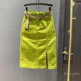 Fruit Green Denim Skirt Women's Summer 2023 New Slimming High Waist A- Line Split Midi Skirts Fashion All-Match Stretch Faldas