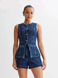 Denim 2 Pieces Sets Women Fashion Slim O-neck Sleeveless Single Breasted Vest Wide Leg Shorts 2024 Summer Y2K Lady Outfit
