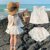 Girls Outfit Sets Summer Kids Clothes Girls Lace Edge Pure White Baby Girl Clothes Casual Sleeveless T-Shirt+Shorts Children's