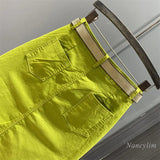 Fruit Green Denim Skirt Women's Summer 2023 New Slimming High Waist A- Line Split Midi Skirts Fashion All-Match Stretch Faldas