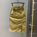 Fruit Green Denim Skirt Women's Summer 2023 New Slimming High Waist A- Line Split Midi Skirts Fashion All-Match Stretch Faldas